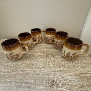 Vintage 1970s Brown Wheat Coffee Cups Mugs, Set of 6, Glazed Mugs